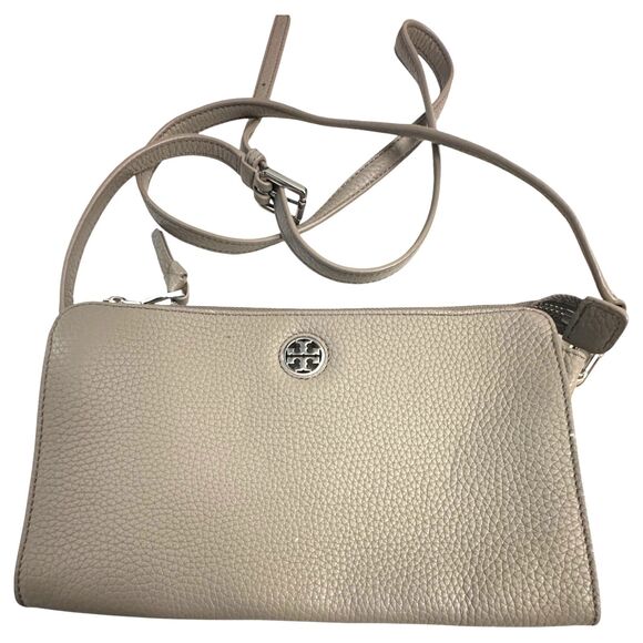 Tory Burch Robinson Taupe Pebbled Leather Crossbody Purse - Picture 1 of 4